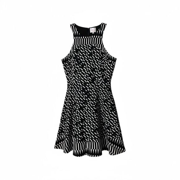 PARKER XS Black White Geo Silk Mesh Fit Flare Panel Dress Cocktail Party - Picture 1 of 6
